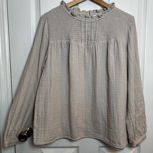 Boho Gauze Smocked Yoke Peasant Blouse Neutral Coastal Cottagecore Top Large